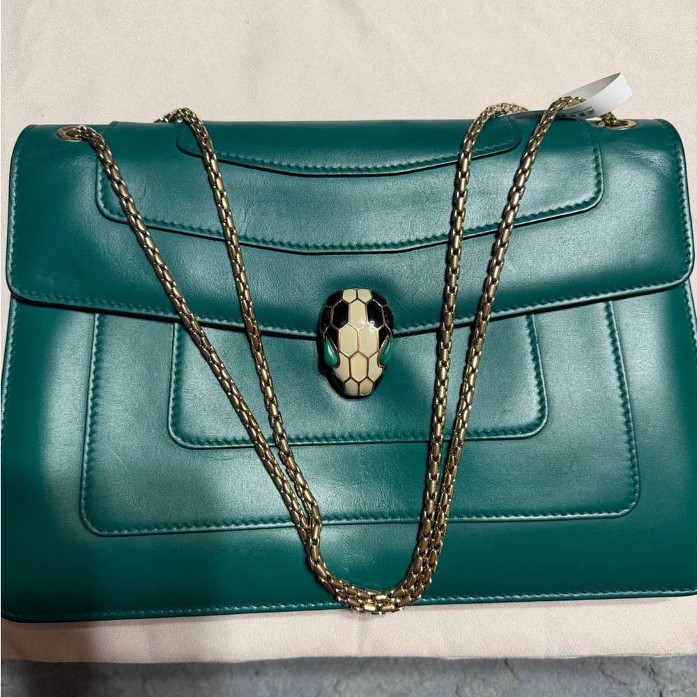 Bulgari Teal Leather Shoulder Bag with Gold Chain